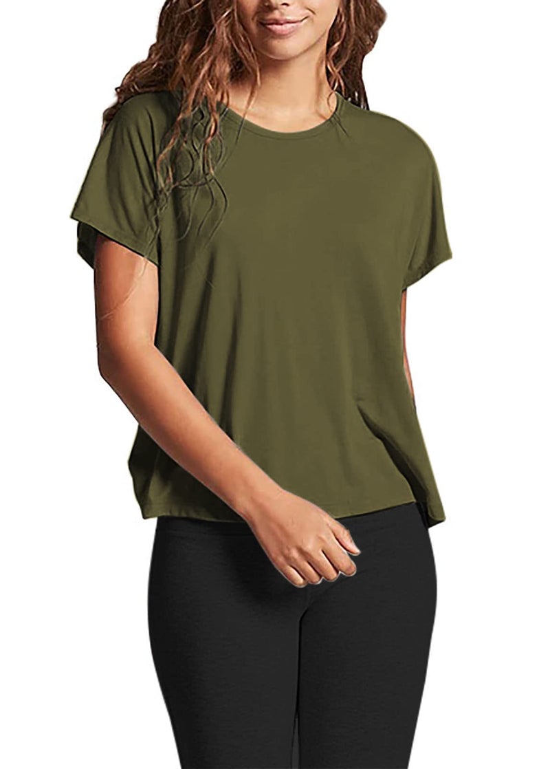 Mippo Workout Tops Short Sleeve Gym Shirts Backless Open Back Top Womens Athletic Workout Shirt Gym Clothes Army Green M - Image 2